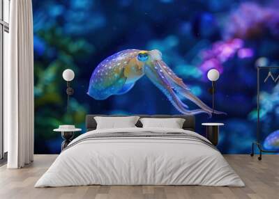 Squid Underwater. Blue Ocean Animal in Tropical Aquarium Reef Wall mural