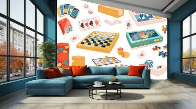 Board games flat icons set. Different games for friends. Puzzles, jenga, monopoly, poker, casino, dominoes, uno and chess. Entertainment activities. Color isolated illustrations Wall mural