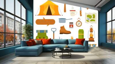 Camping and hiking icons set. Cartoon equipment isolated. Lantern, shoes, tent, campfire, backpack Wall mural