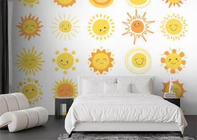 Cartoon kawaii sun set. Cute shining sun emoji elements icons. Childish emoticon with smiling faces Wall mural