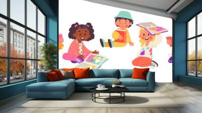 Children read books flat icons set. Cute kids sitting and looking at open book. Library and bookstore Wall mural