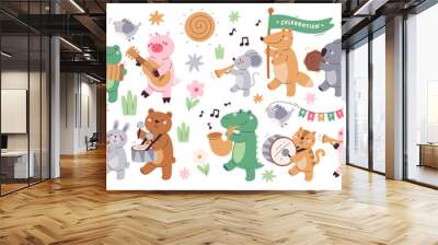 Cute funny animals marching parade music festival celebration playing musical instrument set Wall mural