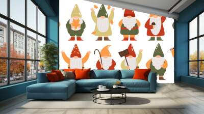 Cute happy autumn gnome set with pumpkin vegetable, garden tool, fall leaves and mushrooms Wall mural