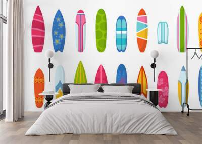 Different surfboard set. Colorful surf desk design. Surfing desks and boards with bright pattern Wall mural