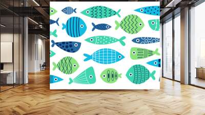 Hand drawn abstract fish with colorful pattern flat icons set. Ornaments on marine creature Wall mural