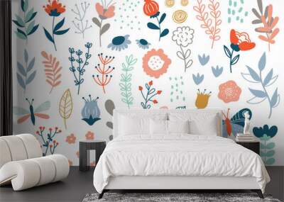 Hand drawn abstract wildflowers flowers and leaves flat icons set. Floral design with ornaments. Spring flowers blossom Wall mural