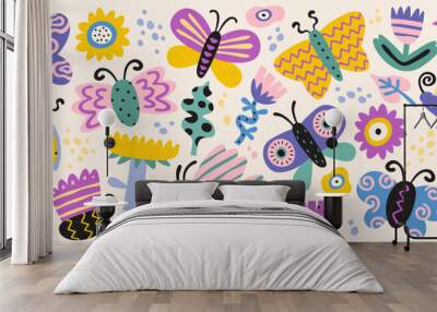 Hand drawn butterflies with abstract floral pattern and ornaments flat icons set. Colorful insects with flowers decor Wall mural