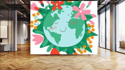 Happy earth with flowers flat icon Planet protection Wall mural