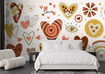 Hearts and elements in boho style flat icons set. Different vintage figures with bohemian ornament Wall mural