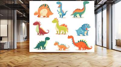 Isolated set of colorful funny baby dinosaurs cartoon jurassic mascot character vector illustration Wall mural