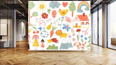 Linear children drawings design elements. Doodle arts of sun, heart, frog, turtle, flower, star, crown, strawberry Wall mural