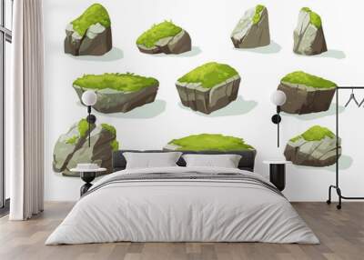 Moss plants growing on old gray stones of different shapes isolated set on white background Wall mural