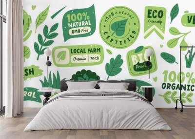 Organic fresh food labels, bio eco friendly natural meal logo, vegan products badge isolated set Wall mural