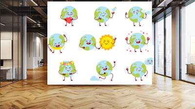 Set of cartoon earth planet mascot with different emotions, with sun, holding love heart, relaxed Wall mural