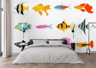 Set of colorful aquarium fish isolated. Cartoon tropical underwater ocean fish in pink and orange Wall mural