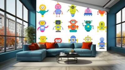 Set of happy funny cartoon childish robots wave hand, say hello. Cute kid cyborgs, futuristic bots Wall mural