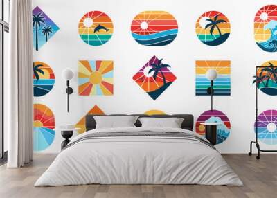 Set of retro sunsets in 80s and 90s style. Abstract sun at beach background with sunny gradient Wall mural