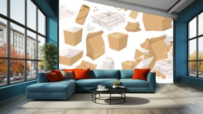 Sorted paper garbage flat icons set. Cardboard boxes, coffee cup, newspapers waste sorting and recycling Wall mural