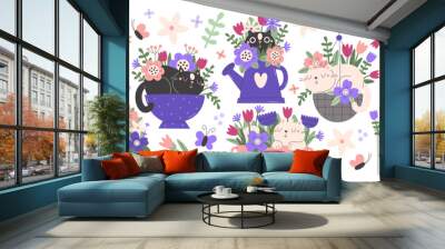 Spring floral compositions with cats and blossoming flowers in pots set vector illustration Wall mural