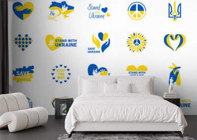 Stand with Ukraine stickers set. Badges in blue and yellow with no war, support UA and save Ukraine Wall mural