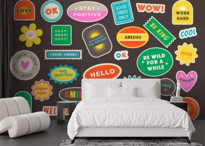 Trendy retro sticker pack with creative lettering design and decoration vector illustration Wall mural