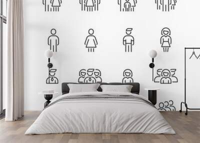 Vector line set of icons related with people. Contains monochrome icons like person, team, man, woman, group, crowd and more. Simple outline sign. Wall mural