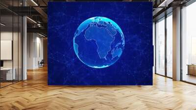 Virtual planet Earth with data connection network. Technological digital globe world background. Abstract sphere with particles and lines. Security artificial intelligence of planet. 3D rendering. Wall mural