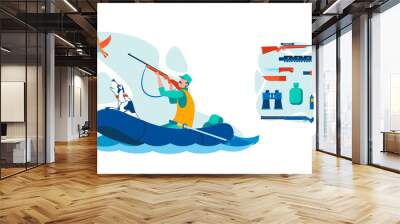 Water Bird Hunting Equipment Illustrations Set. Man with Dog in Inflatable Boat Flat Vector Character. Cartoon Hunter Shooting Wild Waterbird. Gunshot, Talkie-Walkie, Knives Tools and Instruments Wall mural