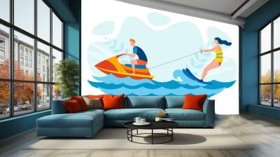 Water Skiing Entertainment Vector Illustration. Man Riding Jet Ski, Woman in Safety Jacket Waterskiing Cartoon Characters. Extreme Leisure Activity for Adventurous Tourists, Sea Resort Recreation Wall mural