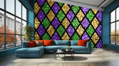 shiny green, purple and golden diamonds pattern background Wall mural