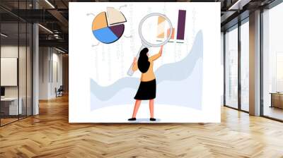 Analyst looking at digits and diagrams through magnifying glass. Concept of big data analysis, business analytics, stats Wall mural