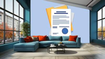 Contract or document signing icon. Document, folder with stamp and text. Contract conditions, research approval Wall mural