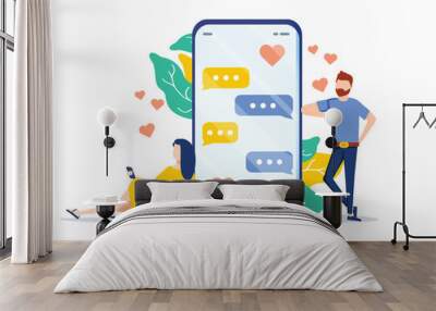 Dating app - flat design style colorful illustration on white background. Composition with characters, boy and girl Wall mural