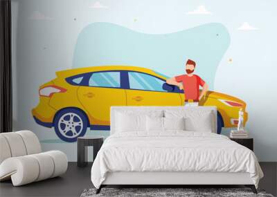 Happy successful man is standing next to a yellow car on a background. Vector illustration in cartoon style. Wall mural