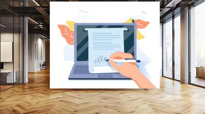 Man putting esignature into legal document. Digital signature concept. Businessman signing an agreement or contract. Wall mural