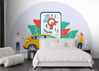 online car sharing vector illustration concept, mobile city transportation with cartoon character an Wall mural