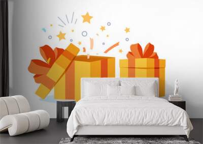 Open gift box, ribbons and confetti isolated on white background. Surprise event celebration, design for greeting. Wall mural