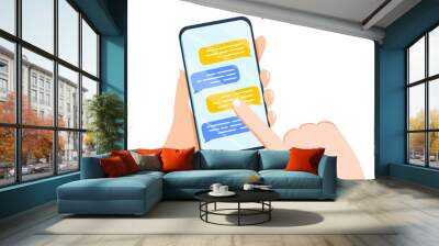 Pair of hands holding smartphone or mobile phone with chat or messenger application on screen. Instant messaging Wall mural