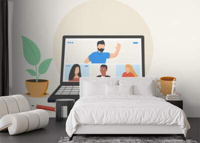 people connecting together, learning and meeting online via teleconference or video conference remote working on laptop computer, work from home and anywhere, flat vector illustration Wall mural