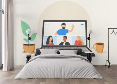 people connecting together, learning and meeting online via teleconference or video conference remote working on laptop computer, work from home and anywhere, flat vector illustration Wall mural