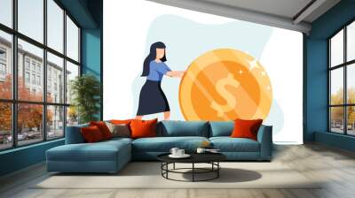 Positive businesswoman is rolling a huge golden dollar coin. Earning, saving and investing money concept. Wall mural