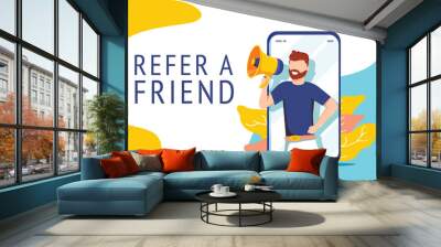 Refer a friend vector illustration concept, people shout on megaphone with refer a friend word, can use for landing page Wall mural