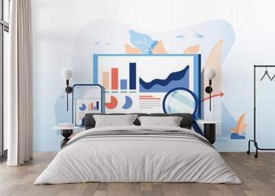 SEO reporting, data monitoring, web traffic analytics, Big data flat vector illustration on blue background. Wall mural