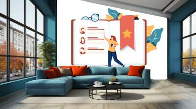 Woman reading phone book or notebook. Concept of contact information of business partners, digital communication. Wall mural