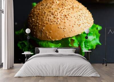 Homemade hamburger with fresh green lettuce, tomato and red onio Wall mural