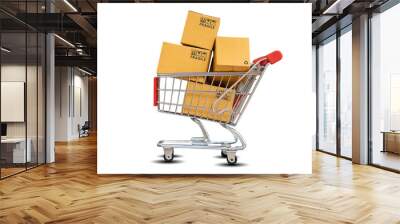 Online Shopping and delivering concept - Shopping cart with product package boxes isolated on white background Wall mural