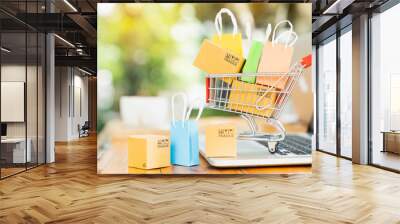 product package boxes and shopping bag in cart with laptop computer which web store shop on screen f Wall mural