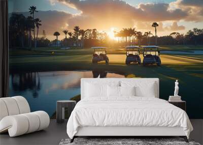 Golfing Essentials, Carts, Clubs, and Equipment, golf cart on the course, sunset on the lake Wall mural