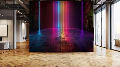 Bright lines on the floor and walls, colorful background. It's dark with beams of light shining from both sides of the wall forming a bright line that runs the length of the frame Wall mural