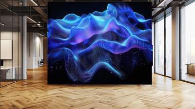 Glowing blue digital mesh on a black background, forming abstract blob shapes with dark purple edges black gradient lighting and volumetric fog Wall mural